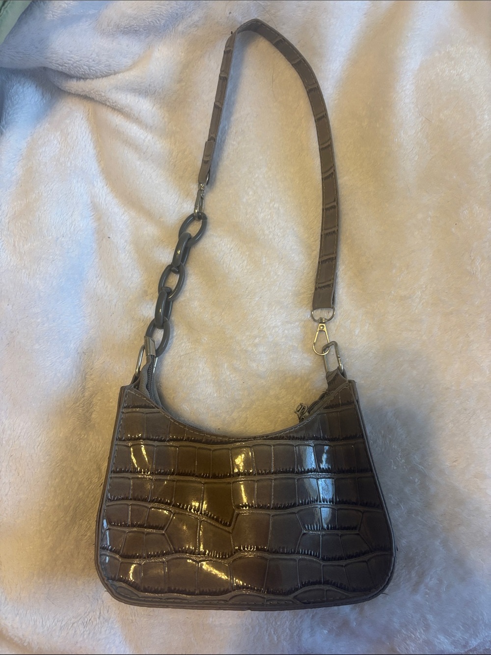 Croc-Embossed Patent Leather Shoulder Bag in Brown